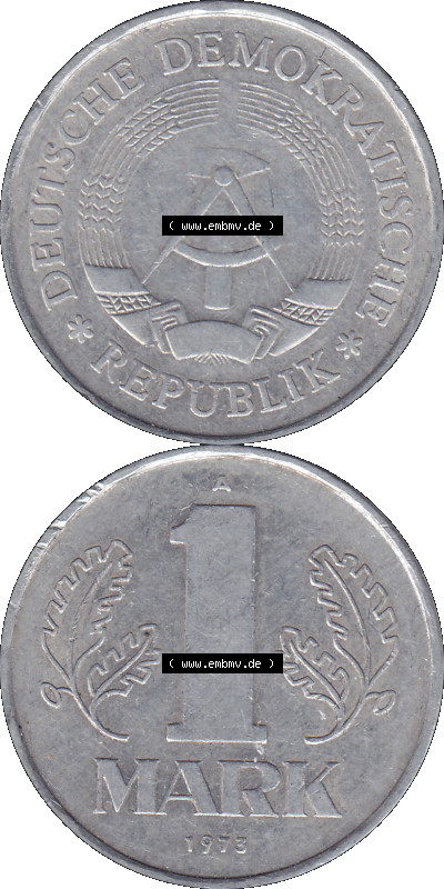 DDR Münze Umlaufmünze / Kursmünze 1972-1990, A 1 Mark 1973 (Stück 1). Bildmaterial als transparente PNG-Grafik mit der Vorderseite... Sammlung