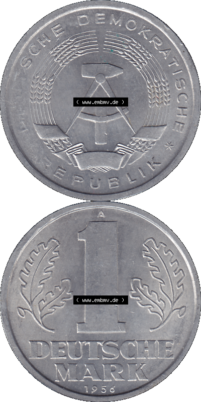 DDR Münze Umlaufmünze / Kursmünze 1956-1963, A 1 Deutsche Mark 1956 (Stück 4). Bildmaterial als transparente PNG-Grafik mit... Sammlung
