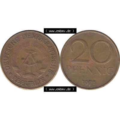 DDR Münze Umlaufmünze / Kursmünze 1969-1990, 20 / Zwanzig Pfennig 1971-03, 1970er Jahre, DDR-Telefonmünze. Bildmaterial als transparente PNG-Grafik... Sammlung