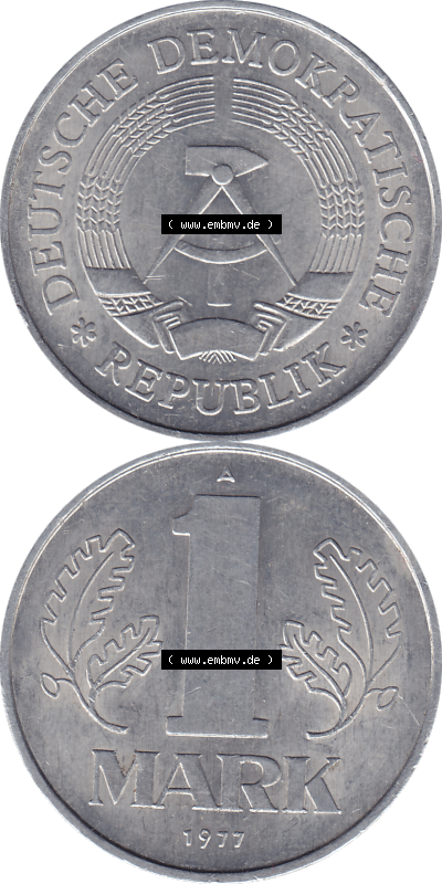 DDR Münze Umlaufmünze / Kursmünze 1972-1990, A 1 Mark 1977 (Stück 8). Bildmaterial als transparente PNG-Grafik mit der Vorderseite... Sammlung