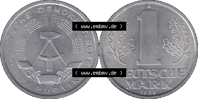 DDR Münze Umlaufmünze / Kursmünze 1956-1963, A 1 Deutsche Mark 1956 (Stück 4). Bildmaterial als transparente PNG-Grafik mit... Sammlung
