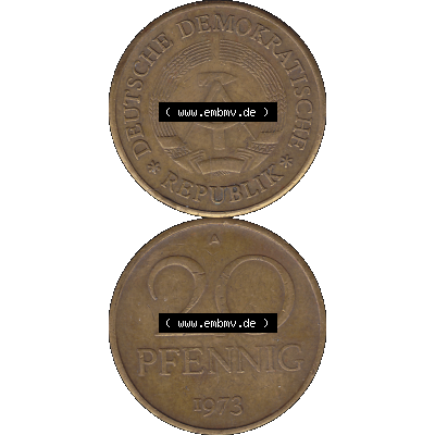 DDR Münze Umlaufmünze / Kursmünze 1969-1990, 20 Pfennig 1973-01, DDR-Telefonmünze. Bildmaterial als transparente PNG-Grafik mit der Vorderseite und Rückseite... Sammlung