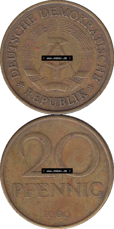 20 Pfennig Münze der DDR aus dem Jahrgang 1969 der 1960er-Jahre als PNG-Grafik Sammlung