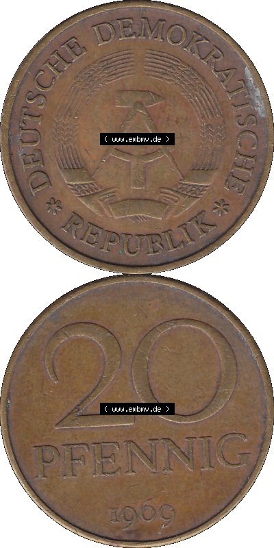 20 Pfennig Münze der DDR aus dem Jahrgang 1969 der 1960er-Jahre als PNG-Grafik Sammlung