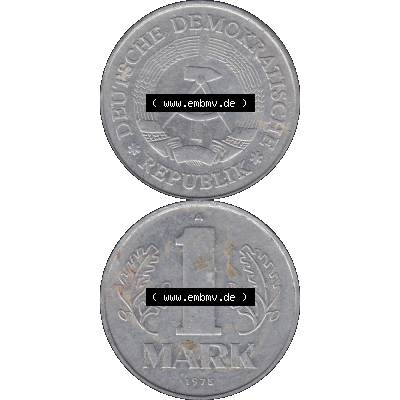 DDR Münze Umlaufmünze / Kursmünze 1972-1990, A 1 Mark 1975-01. Vorderseite und Rückseite vertikal untereinander zusammengefügt als transparente PNG-Grafik - Bild-Material... Sammlung