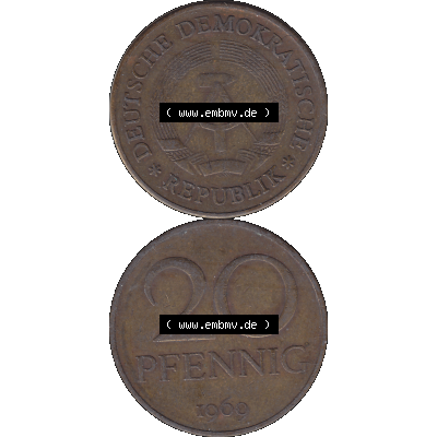 DDR Münze Umlaufmünze / Kursmünze 1969-1990, 20 Pfennig 1969-04, DDR-Telefonmünze. Vorderseite und Rückseite vertikal untereinander zusammengefügt als... Sammlung