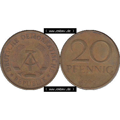 DDR Münze Umlaufmünze / Kursmünze 1969-1990, 20 / Zwanzig Pfennig 1969-23, 1960er Jahre, DDR-Telefonmünze. Bildmaterial als transparente PNG-Grafik... Sammlung