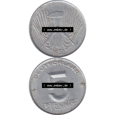 DDR Münze Umlaufmünze / Kursmünze 1952-1953, A 5 Pfennig 1952-01. Bildmaterial als transparente PNG-Grafik mit der Vorderseite und Rückseite vertikal untereinander... Sammlung