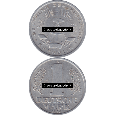 DDR Münze Umlaufmünze / Kursmünze 1956-1963, A 1 Deutsche Mark 1956-08. Bildmaterial als transparente PNG-Grafik mit der Vorderseite und Rückseite vertikal untereinander... Sammlung