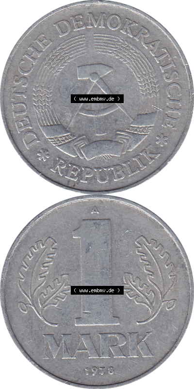 DDR Münze Umlaufmünze / Kursmünze 1972-1990, A 1 Mark 1978 (Stück 1). Vorderseite und Rückseite vertikal untereinander zusammengefügt... Sammlung