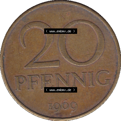 DDR Münze Umlaufmünze / Kursmünze 1969-1990, 20 Pfennig 1969-35, 1960er Jahre, DDR-Telefonmünze. Bildmaterial als transparente PNG-Grafik mit der Rückseite... Sammlung