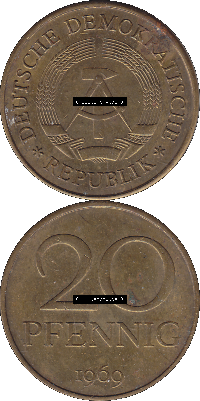DDR Münze Umlaufmünze / Kursmünze 1969-1990, 20 Pfennig 1969 (Stück 8), DDR-Telefonmünze. Bildmaterial als transparente PNG-Grafik... Sammlung