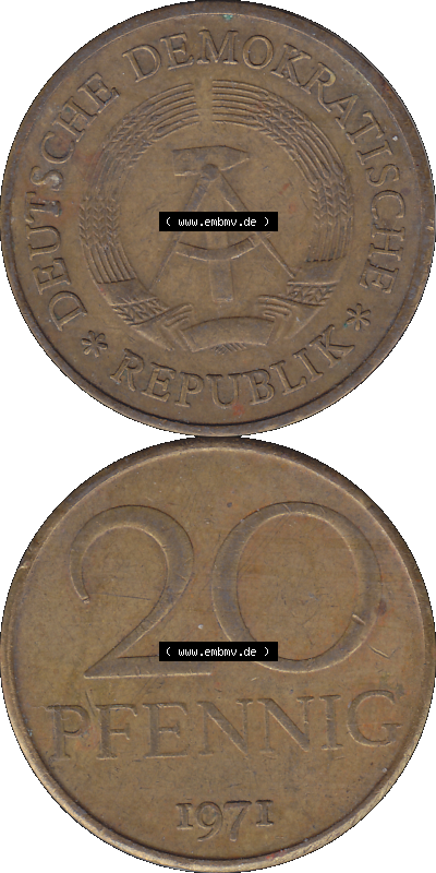 DDR Münze Umlaufmünze / Kursmünze 1969-1990, 20 Pfennig 1971 (Stück 2), DDR-Telefonmünze. Vorderseite und Rückseite vertikal... Sammlung