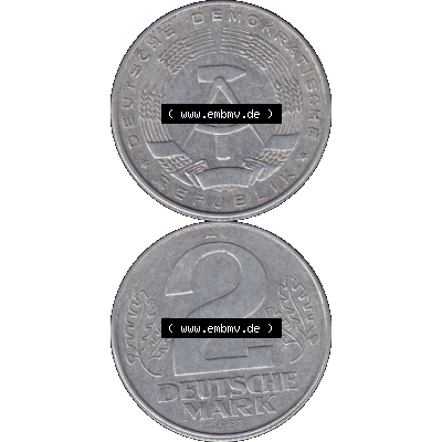 DDR Münze Umlaufmünze / Kursmünze 1957-1957, A 2 Deutsche Mark 1957-1. Vorderseite und Rückseite vertikal untereinander zusammengefügt als transparente PNG-Grafik... Sammlung