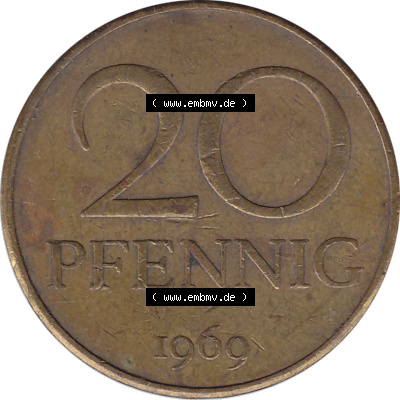 DDR Münze Umlaufmünze / Kursmünze 1969-1990, 20 Pfennig 1969-10, DDR-Telefonmünze. Bildmaterial als transparente PNG-Grafik mit der Rückseite mit Wertzahl... Sammlung