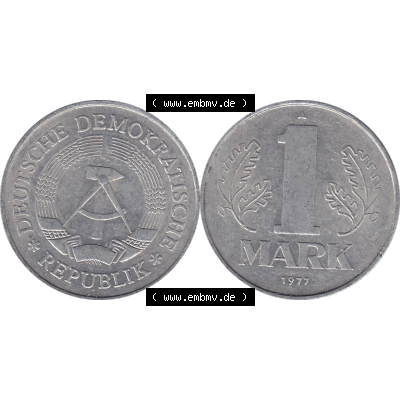 DDR Münze Umlaufmünze / Kursmünze 1972-1990, A 1 Mark 1977-01. Vorderseite und Rückseite horizontal rechts nebeneinander zusammengefügt als transparentes PNG-Grafik... Sammlung