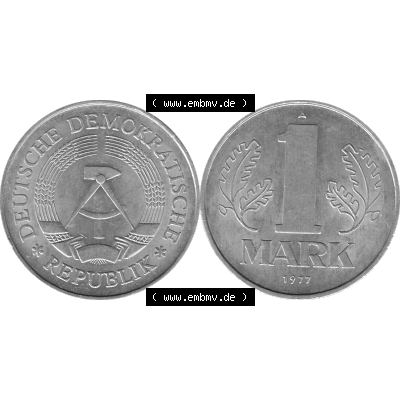 DDR Münze Umlaufmünze / Kursmünze 1972-1990, A 1 Mark 1977-08. Graustufen Bildmaterial als transparente PNG-Grafik mit der Vorderseite und Rückseite horizontal rechts... Sammlung