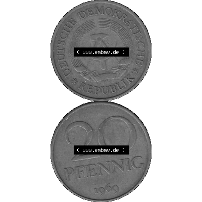 DDR Münze Umlaufmünze / Kursmünze 1969-1990, 20 Pfennig 1969-37, 1960er Jahre, Graustufen. 20 Pfennig DDR Graustufen Bildmaterial als transparente PNG-Grafik... Sammlung
