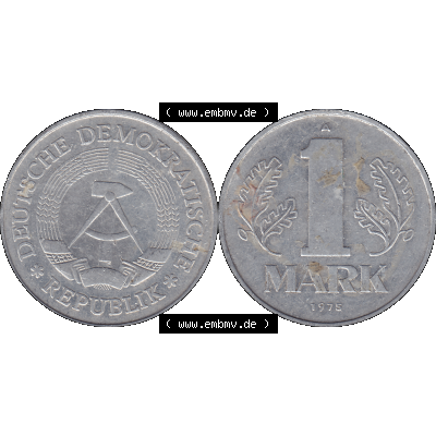 DDR Münze Umlaufmünze / Kursmünze 1972-1990, A 1 Mark 1975-01. Vorderseite und Rückseite horizontal rechts nebeneinander zusammengefügt als transparentes PNG-Grafik... Sammlung