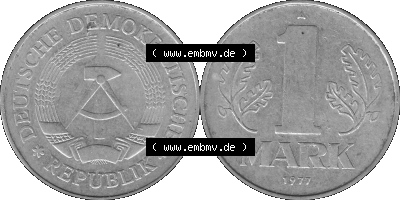 DDR Münze Umlaufmünze / Kursmünze 1972-1990, A 1 Mark 1977 (Stück 5). Graustufen Bildmaterial als transparente PNG-Grafik... Sammlung