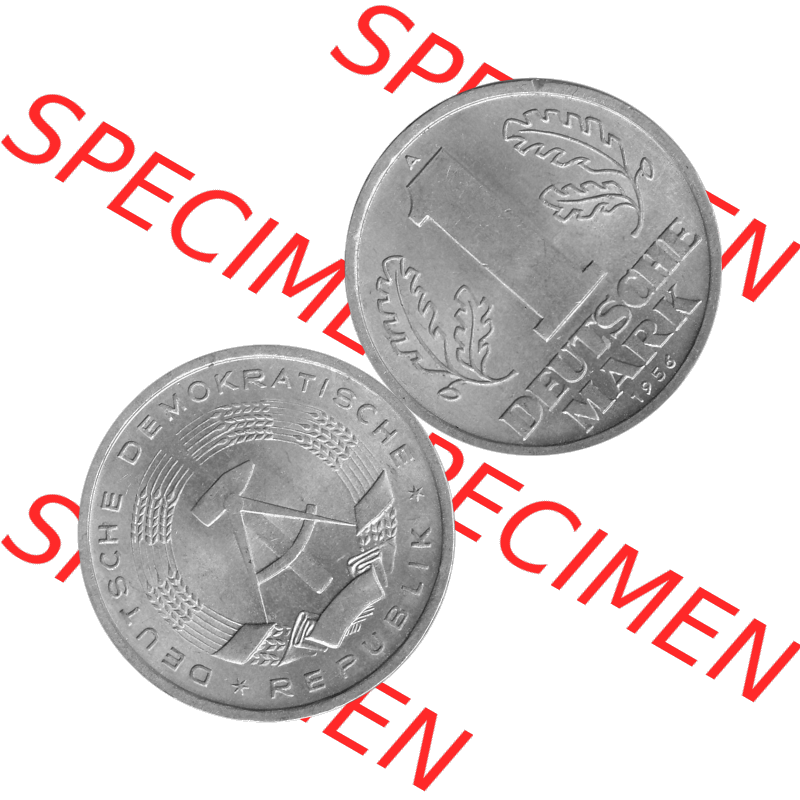 DDR Münze Umlaufmünze / Kursmünze 1956-1963, A 1 Deutsche Mark 1956-07. Graustufen Bildmaterial als transparente PNG-Grafik mit der Vorderseite und Rückseite horizontal... Sammlung