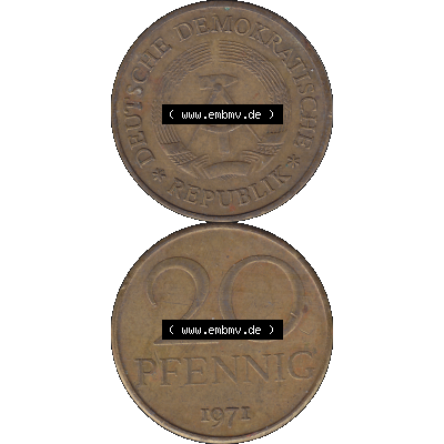 DDR Münze Umlaufmünze / Kursmünze 1969-1990, 20 Pfennig 1971-02, DDR-Telefonmünze. Vorderseite und Rückseite vertikal untereinander zusammengefügt als... Sammlung