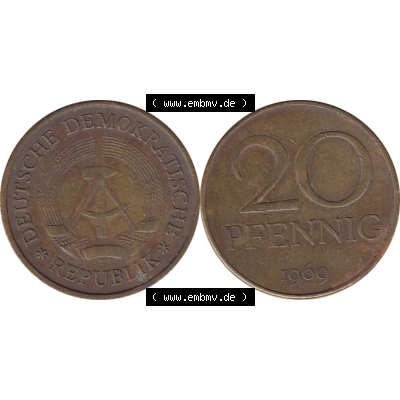 DDR Münze Umlaufmünze / Kursmünze 1969-1990, 20 / Zwanzig Pfennig 1969-36, 1960er Jahre, DDR-Telefonmünze. Bildmaterial als transparente PNG-Grafik... Sammlung
