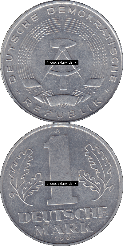DDR Münze Umlaufmünze / Kursmünze 1956-1963, A 1 Deutsche Mark 1962 (Stück 1). Vorderseite und Rückseite vertikal untereinander... Sammlung