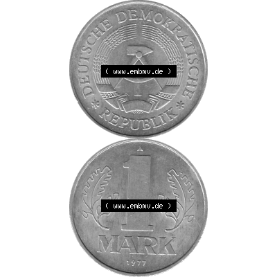 DDR Münze Umlaufmünze / Kursmünze 1972-1990, A 1 Mark 1977-08. Bildmaterial als transparente Graustufen PNG-Grafik mit der Vorderseite und Rückseite vertikal untereinander... Sammlung