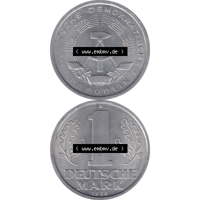 DDR Münze Umlaufmünze / Kursmünze 1956-1963, A 1 Deutsche Mark 1956-04. Bildmaterial als transparente PNG-Grafik mit der Vorderseite und Rückseite vertikal untereinander... Sammlung