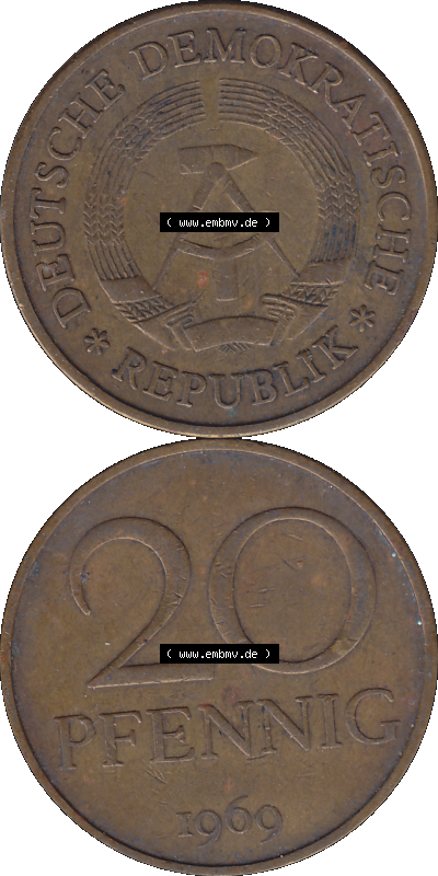 DDR Münze Umlaufmünze / Kursmünze 1969-1990, 20 Pfennig 1969 (Stück 28), 1960er Jahre, DDR-Telefonmünze. Bildmaterial als... Sammlung