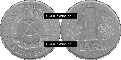 DDR Münze Umlaufmünze / Kursmünze 1972-1990, A 1 Mark 1977 (Stück 7). Graustufen Bildmaterial als transparente PNG-Grafik... Sammlung