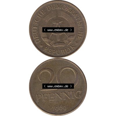 DDR Münze Umlaufmünze / Kursmünze 1969-1990, 20 Pfennig 1969-38, 1960er Jahre, DDR-Telefonmünze. Bildmaterial als transparente PNG-Grafik mit der Vorderseite... Sammlung