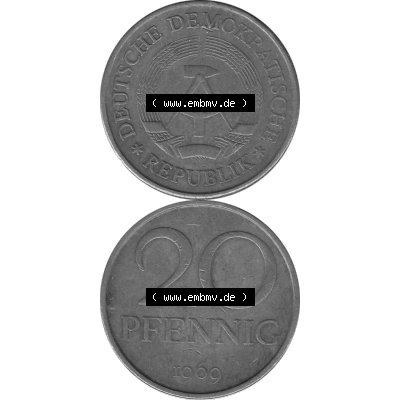 DDR Münze Umlaufmünze / Kursmünze 1969-1990, 20 Pfennig 1969-39, 1960er Jahre, Graustufen. 20 Pfennig DDR Graustufen Bildmaterial als transparente PNG-Grafik... Sammlung