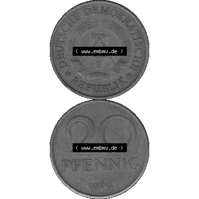 DDR Münze Umlaufmünze / Kursmünze 1969-1990, 20 Pfennig 1969-40, 1960er Jahre, Graustufen. 20 Pfennig DDR Graustufen Bildmaterial als transparente PNG-Grafik... Sammlung