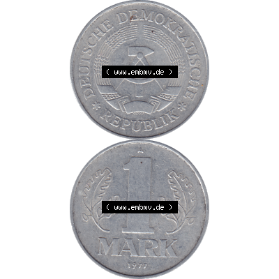 DDR Münze Umlaufmünze / Kursmünze 1972-1990, A 1 Mark 1977-05. Bildmaterial als transparente PNG-Grafik mit der Vorderseite und Rückseite vertikal untereinander zusammengefügt,... Sammlung