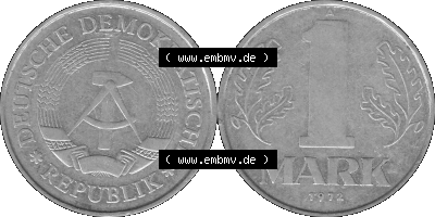 DDR Münze Umlaufmünze / Kursmünze 1972-1990, A 1 Mark 1972 (Stück 1). Graustufen Bildmaterial als transparente PNG-Grafik... Sammlung