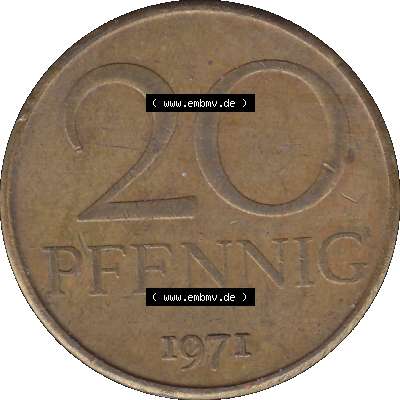 DDR Münze Umlaufmünze / Kursmünze 1969-1990, 20 Pfennig 1971-02, DDR-Telefonmünze. Rückseite als transparente PNG-Grafik - Bild-Material der 20-Pfennig Telefon-Münzen... Sammlung