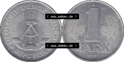 DDR Münze Umlaufmünze / Kursmünze 1972-1990, A 1 Mark 1977 (Stück 8). Bildmaterial als transparente PNG-Grafik mit der Vorderseite... Sammlung