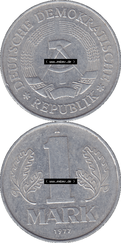 DDR Münze Umlaufmünze / Kursmünze 1972-1990, A 1 Mark 1977 (Stück 7). Bildmaterial als transparente PNG-Grafik mit der Vorderseite... Sammlung