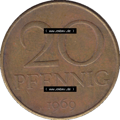 sich 20 / Zwanzig Pfennig-Stücke, bzw. Münzen, 20 Pfennig Münze der DDR aus dem Jahrgang 1969 der 1960er-Jahre als PNG-Grafik Sammlung