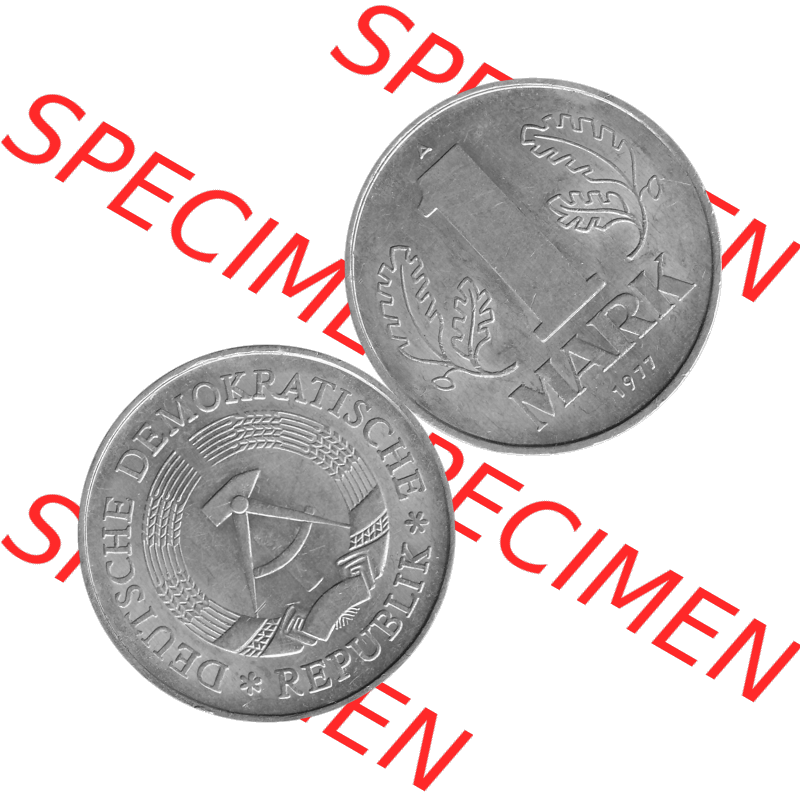 DDR Münze Umlaufmünze / Kursmünze 1972-1990, A 1 Mark 1977-08. Graustufen Bildmaterial als transparente PNG-Grafik mit der Vorderseite und Rückseite horizontal rechts... Sammlung