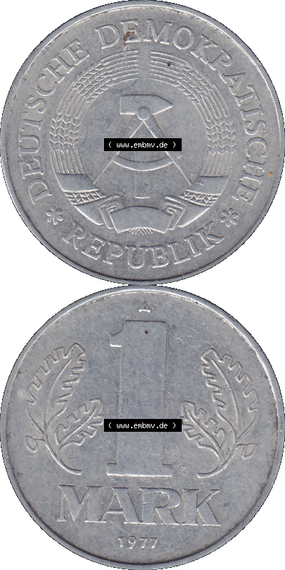 DDR Münze Umlaufmünze / Kursmünze 1972-1990, A 1 Mark 1977 (Stück 5). Bildmaterial als transparente PNG-Grafik mit der Vorderseite... Sammlung