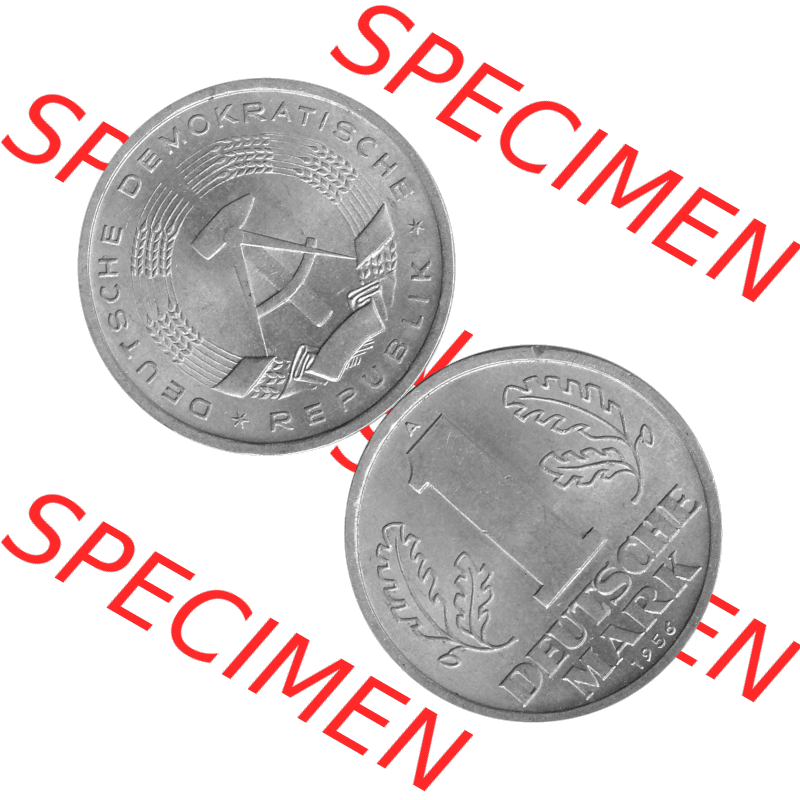 DDR Münze Umlaufmünze / Kursmünze 1956-1963, A 1 Deutsche Mark 1956-07. Bildmaterial als transparente Graustufen PNG-Grafik mit der Vorderseite und Rückseite vertikal... Sammlung