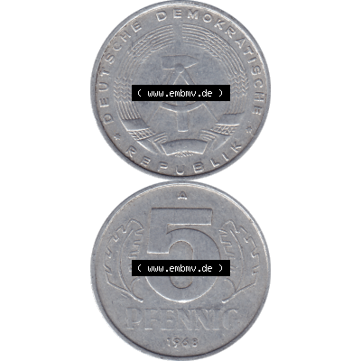 DDR Münze Umlaufmünze / Kursmünze 1968-1990, A 5 Pfennig 1968-01. Bildmaterial als transparente PNG-Grafik mit der Vorderseite und Rückseite vertikal untereinander... Sammlung