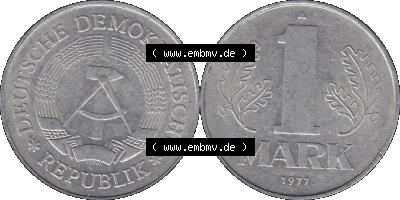 DDR Münze Umlaufmünze / Kursmünze 1972-1990, A 1 Mark 1977 (Stück 1). Vorderseite und Rückseite horizontal rechts nebeneinander... Sammlung