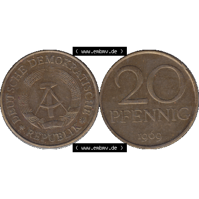 DDR Münze Umlaufmünze / Kursmünze 1969-1990, 20 / Zwanzig Pfennig 1969-07, DDR-Telefonmünze. Bildmaterial 1969 der 1960er Jahre der 20 Pfennig Münze... Sammlung