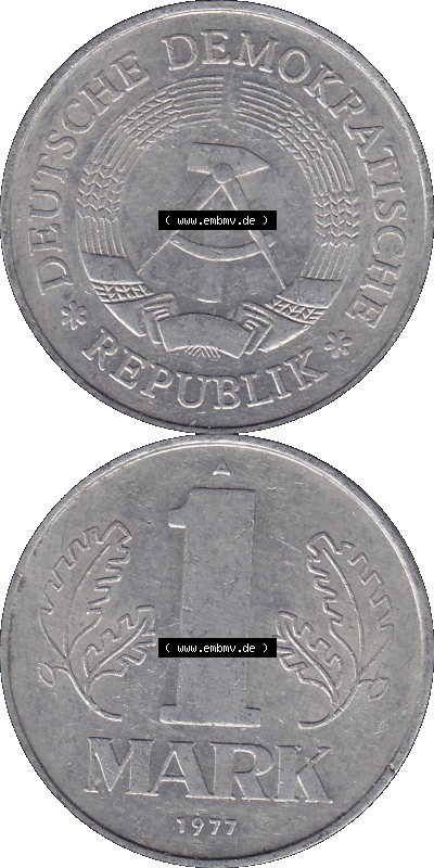 DDR Münze Umlaufmünze / Kursmünze 1972-1990, A 1 Mark 1977 (Stück 1). Vorderseite und Rückseite vertikal untereinander zusammengefügt... Sammlung