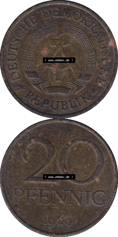 DDR Münze Umlaufmünze / Kursmünze 1969-1990, 20 Pfennig 1969 (Stück 24), 1960er Jahre, DDR-Telefonmünze. Bild/Foto im transparenten... Sammlung