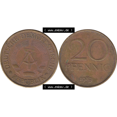 DDR Münze Umlaufmünze / Kursmünze 1969-1990, 20 Pfennig 1983-06, 1980er Jahre, DDR-Telefonmünze. Bildmaterial als transparente PNG-Grafik mit der Vorderseite... Sammlung